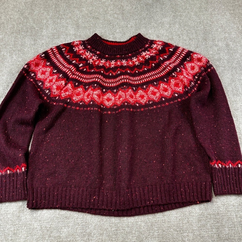 St. John's Bay Womens 1X Fair Isle Burgundy Sweater Knit Yoke Pullover